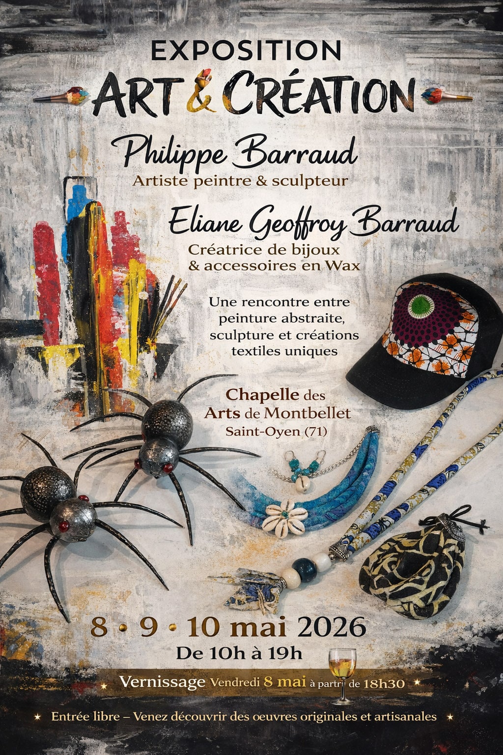 Lire la suite à propos de l’article BARRAUD créatrice de bijoux et accessoires en Wax et Philippe BARRAUD sculpteur sur fer et peintre
